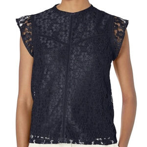 Nanette Lepore Black Floral Lavender Lined High Neck Cap Sleeve Women's Top Sz M